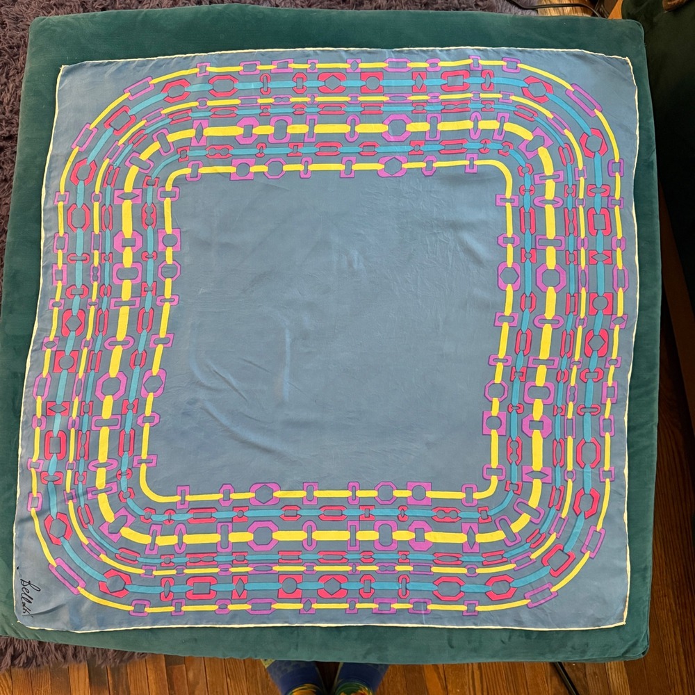 Bellotti Vintage Silk Scarf Blue Geometric Chain Link Pattern Hand Rolled Edges